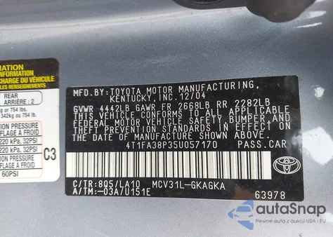 2005 Toyota Camry Solara Sle из США, поврежденный, VIN 4T1FA38P35U057170